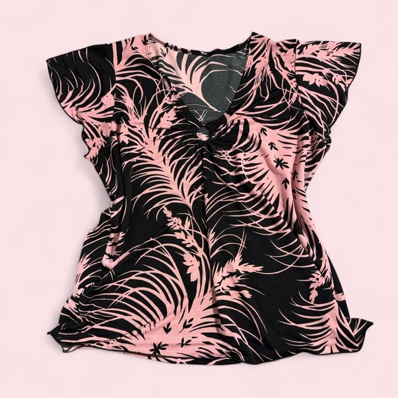 Vintage Tops - Vintage Y2K Pink Black Tropical Palm Print Ruffle Cap Sleeve O-Ring Blouse XL